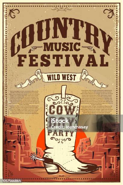 Country Music Festival Poster Party Flyer With Cowboy Boots Design Element For Poster Card Label Sign Card Banner Stock Illustration - Download Image Now