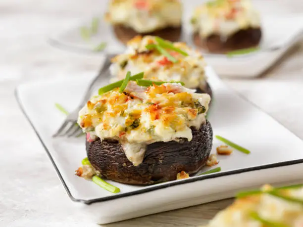 Creamy, Crab and Shrimp Stuffed Mini Portobello Mushroom Caps