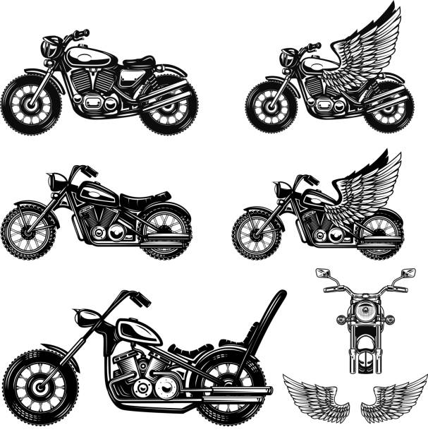 バイクのイラストのセットです。ラベル、エンブレム、サイン、ポスターのデザイン要素です。 - carburetor vehicle part engine car点のイラスト素材／クリップアート素材／マンガ素材／アイコン素材