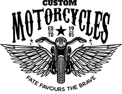Custom motorcycles. Winged motorbike on white background. Design element for  label, emblem, sign, poster. Vector illustration