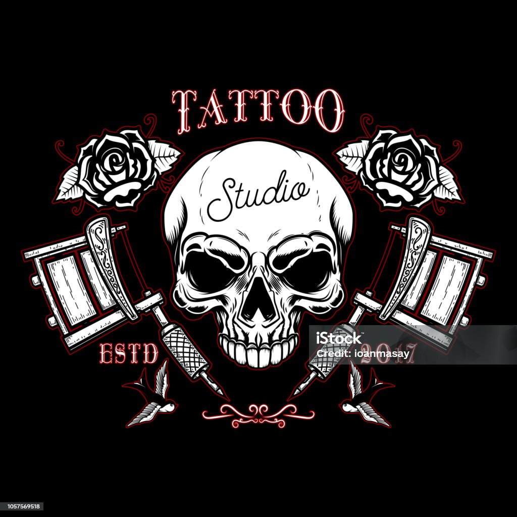 tattoo studio emblem template. Crossed tattoo machine, skull. Design element for label, sign, poster, t shirt. tattoo studio emblem template. Crossed tattoo machine, skull. Design element for label, sign, poster, t shirt. Vector illustration Art stock vector