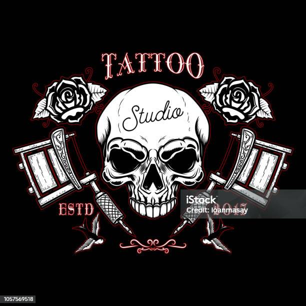 Tattoo Studio Emblem Template Crossed Tattoo Machine Skull Design Element For Label Sign Poster T Shirt Stock Illustration - Download Image Now