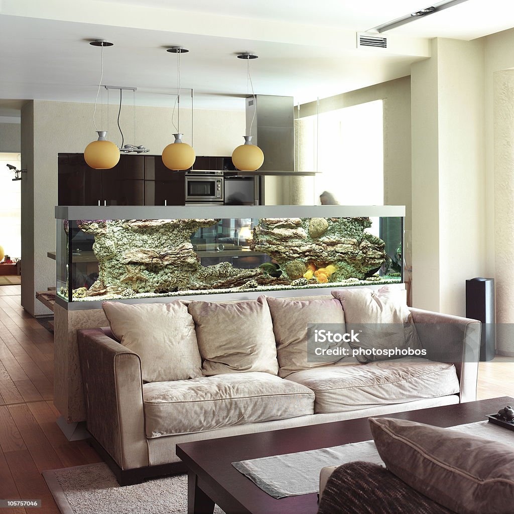 interior of living room interior of living room with aquarium Fish Tank Stock Photo