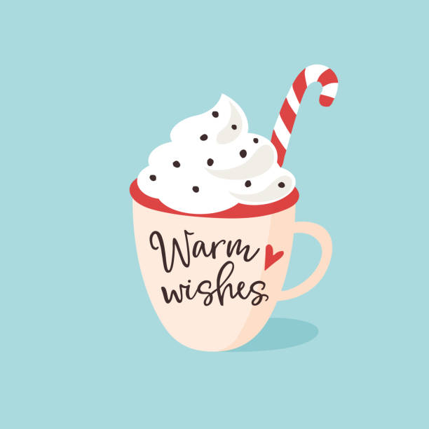 ilustraciones, imágenes clip art, dibujos animados e iconos de stock de navidad, año nuevo tarjetas de felicitación, invitación. mano caliente desea texto. mano dibujada taza de té, café o chocolate con crema y dulce de caña. ilustración de vector vintage. - nata montada
