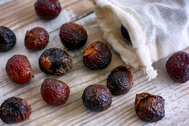istock Soap nuts spilling from textile bag on wooden background. Close-up. 1057576146
