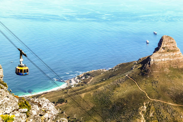 Top down view from Table Mountain of a cable car and the Lion's Head on the right and Atlantic Ocean in the background Top down view from Table Mountain of a cable car and the Lion's Head on the right and Atlantic Ocean in the background cape town photos stock pictures, royalty-free photos & images