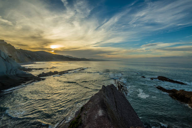istock Zumaia flysch coast at sunset 1057577690