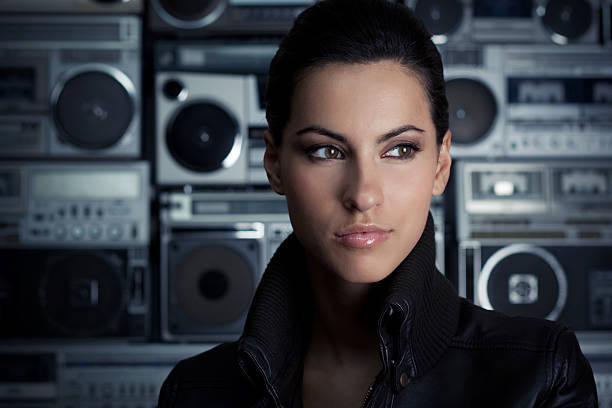 istock Beautiful woman with Boom Box background 105757849