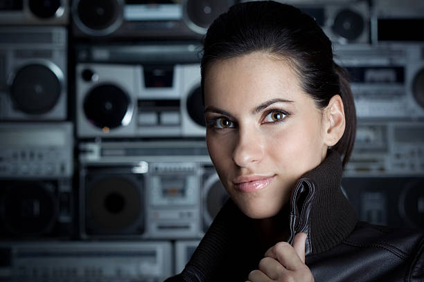 istock Beautiful woman with Boom Box background 105757915