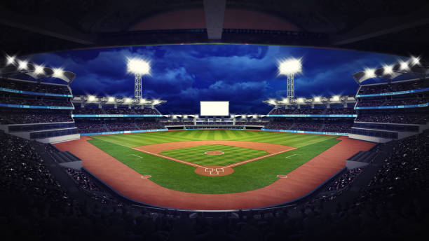 baseball-stadion unter dachansicht mit fans - baseball player baseball outfield stadium stock-fotos und bilder