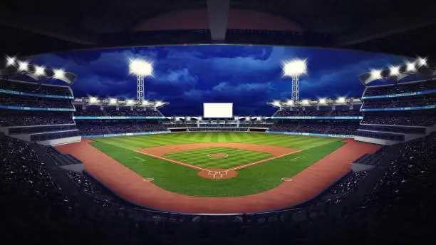 Photo of baseball stadium under roof view with fans