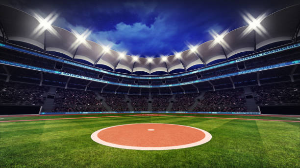 baseball-stadion mit fans unter dach mit strahlern - baseball player baseball outfield stadium stock-fotos und bilder