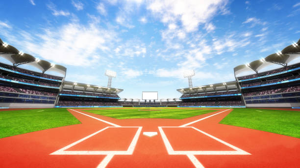 baseball stadion spielplatz mit blauen wolkenhimmel - baseball player baseball outfield stadium stock-fotos und bilder