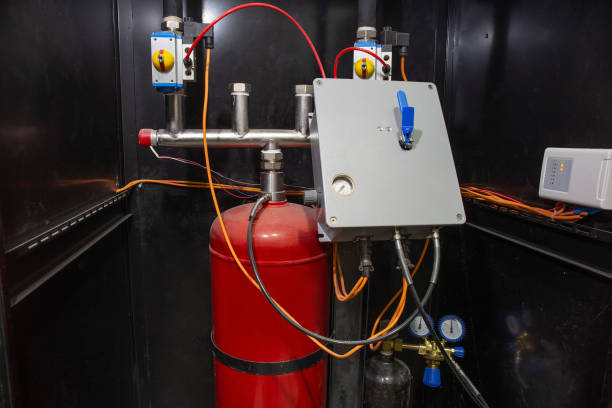 istock Industrial automatic fire extinguishing system, cabinet with balloon of fire-fighting foam, nitrogen and control unit 1057590480
