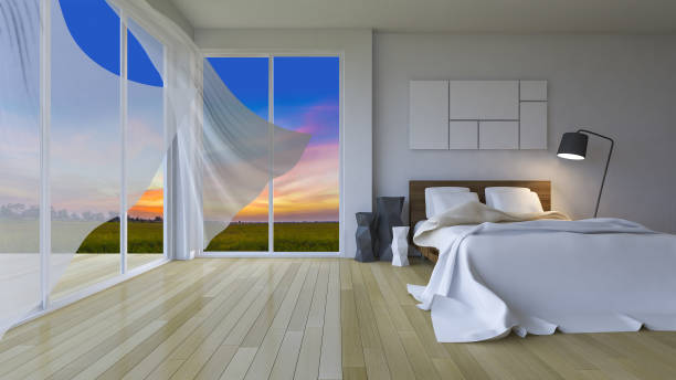 istock 3ds rendering of  modern bedroom in sunset time 1057590852