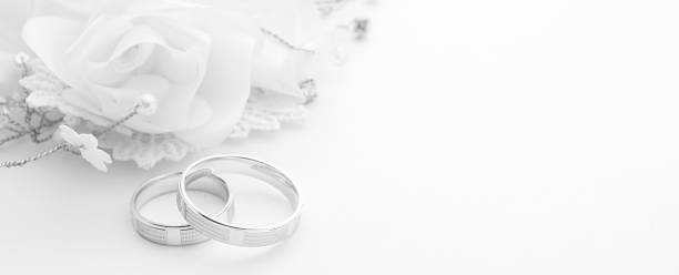 Wedding rings on wedding card on a white background, border design panoramic banner stock photo