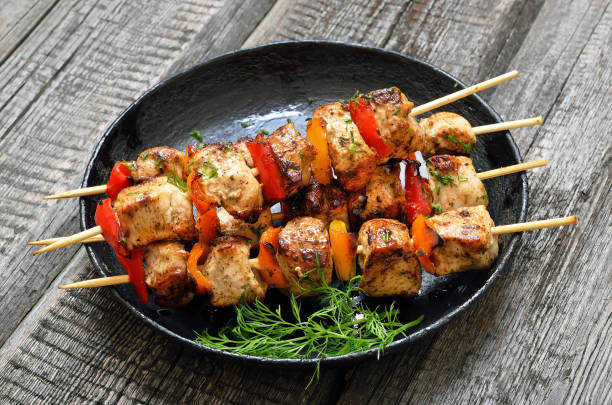 istock Chicken kebab with bell pepper in frying pan 1057591264