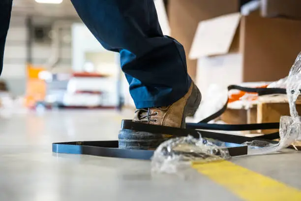 An industrial safety topic.  A worker in danger of tripping over a piece of metal strapping in a factory.