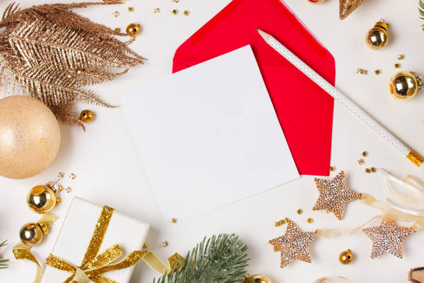 istock Christmas flat lay scene with golden decorations 1057596818
