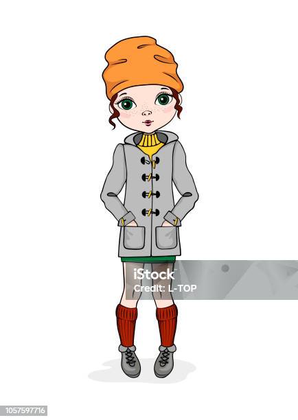 Hand Drawn Beautiful Cute Cartoon Girl In A Hat Autumn Casual Style Isolated Girl On The White Background Vector Illustration Stock Illustration - Download Image Now