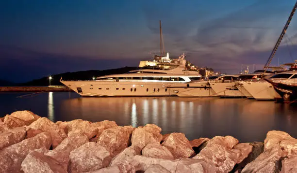 Yacht at the dock, night Ibiza