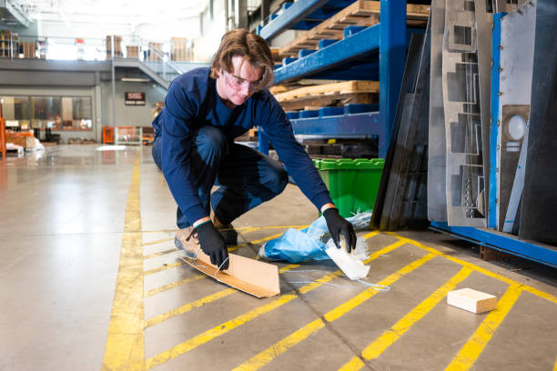 An industrial safety topic. A worker picks-up trash from the floor in a manufacturing plant. An industrial safety topic. A worker picks-up trash from the floor in a manufacturing plant. Housekeeping issues are major contributors to safety incidents. Cleaning Safety Courses stock pictures, royalty-free photos & images