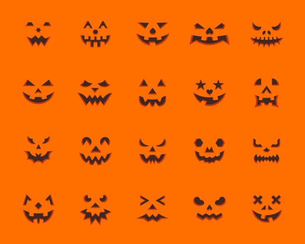 illustrazioni stock, clip art, cartoni animati e icone di tendenza di pumpkin face semplice set vettoriale icone a colori piatti - halloween pumpkin party carving