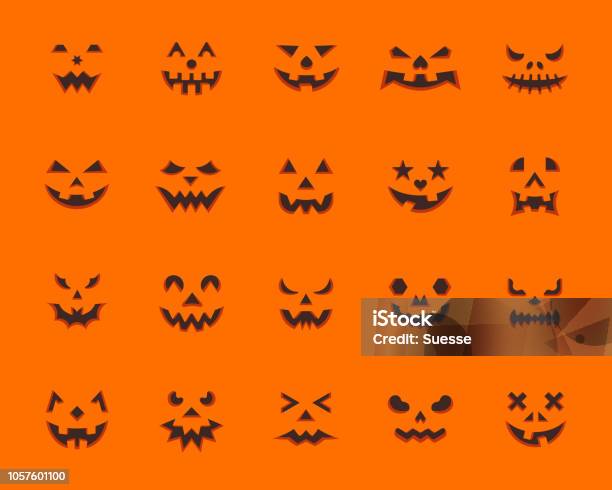 Pumpkin Face Simple Flat Color Icons Vector Set Stock Illustration - Download Image Now - Pumpkin, Halloween, Spooky