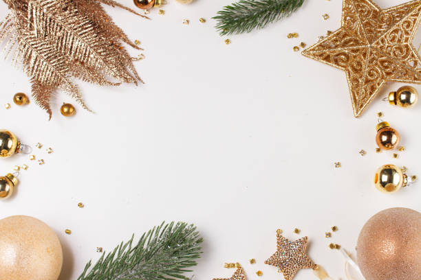 istock Christmas flat lay scene with golden decorations 1057605130