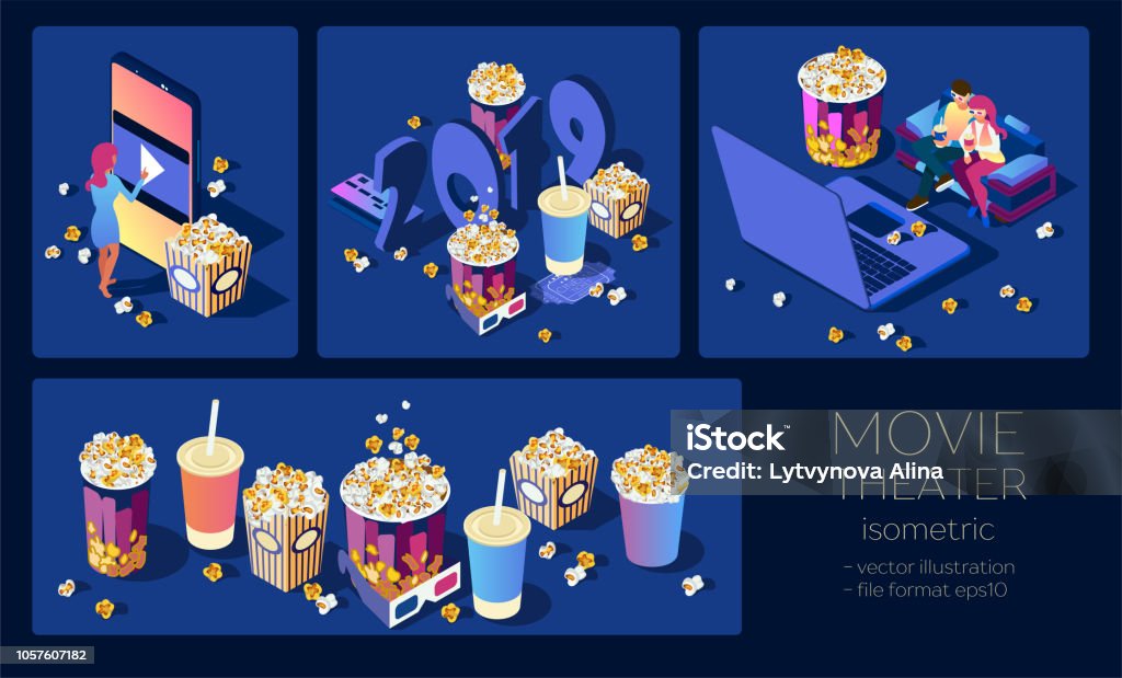 Cinema set. Illustrations for online movie views. Watch the movie on the phone ore laptop. Download and view the video at home on sofa. A smartphone with popcorn and cola in a human hand. Isometric 3d Movie stock vector