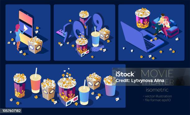 Cinema Set Illustrations For Online Movie Views Watch The Movie On The Phone Ore Laptop Download And View The Video At Home On Sofa A Smartphone With Popcorn And Cola In A Human Hand Isometric 3d Stock Illustration - Download Image Now