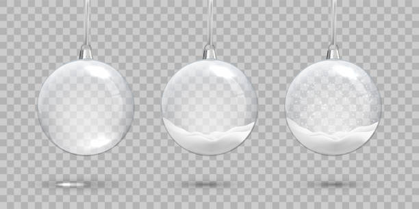 ilustraciones, imágenes clip art, dibujos animados e iconos de stock de coloque la bola de la navidad. bola transparente de cristal vacía y bolas de nieve sobre fondo transparente. elementos de diseño de vectores de navidad y año nuevo. - glass ornament