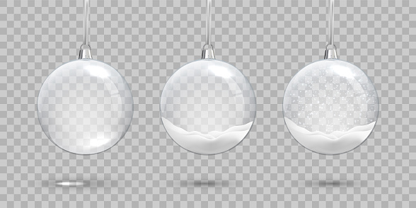 Christmas ball set. Empty glass transparent ball and balls with snow on transparent background. Vector Christmas and New Year design elements