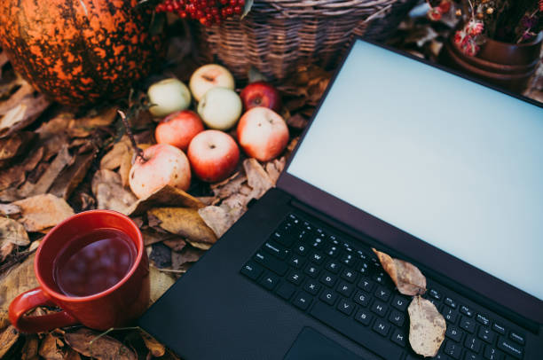 uso de tecnologías para las compras de otoño - abundance apple red yellow fotografías e imágenes de stock