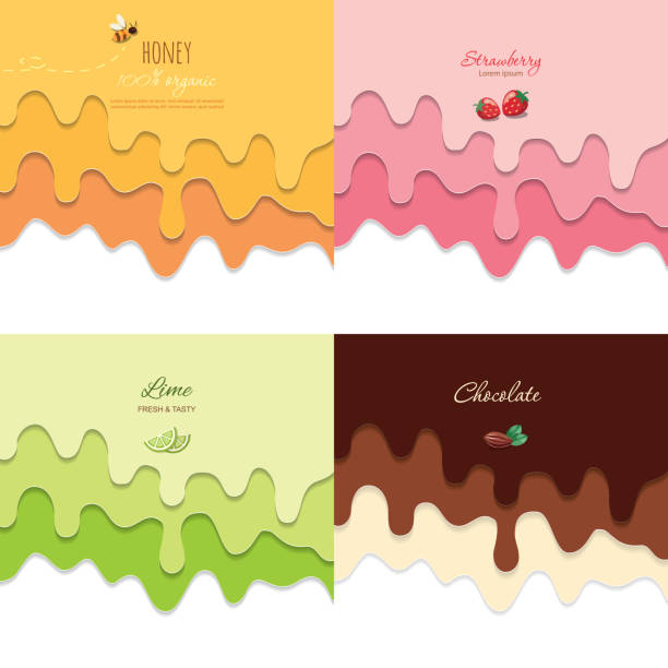 Melted flowing chocolate, strawberry, honey and lime syrup set. 3d paper cut out layers. Copy space for text. Melted flowing chocolate, strawberry, honey and lime syrup backgrounds set. 3d paper cut out layers. Copy space for text. Vector vanilla ice cream stock illustrations