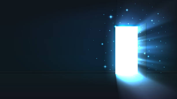 istock Light from the open door of a dark room, abstract mystical glowing exit, discovery, background, open door template, mock up 1057623922
