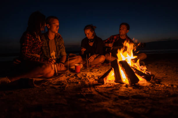 istock young friends have picnic with bonfire on the beach 1057624016