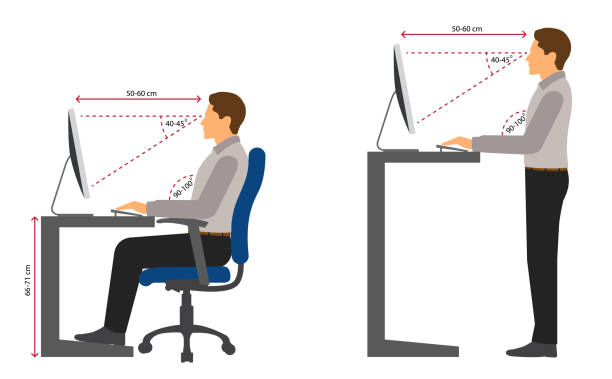Ergonomics at workplace Correct sitting and standing posture when using a computer ergonomics stock illustrations