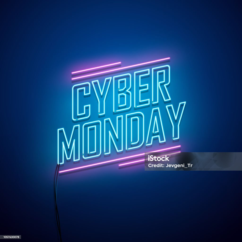 Fundo de Cyber segunda-feira. Sinal de néon. - Vetor de Cyber Monday royalty-free