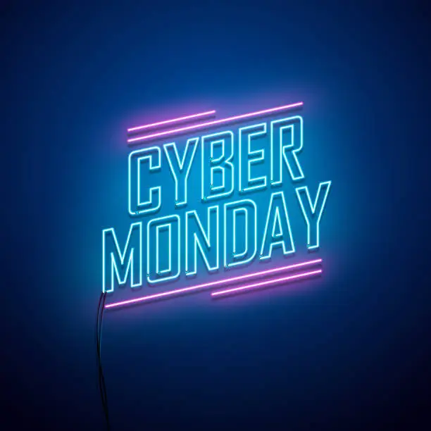 Vector illustration of Cyber Monday background. Neon sign.