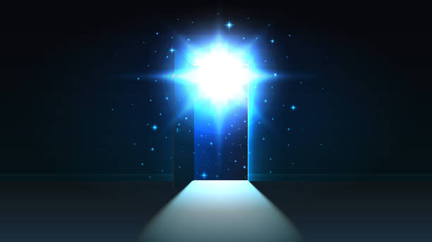 istock Mystical light from the open door of a dark room, open space, cosmos, background, discovery, abstract glowing exit, mock up 1057630294