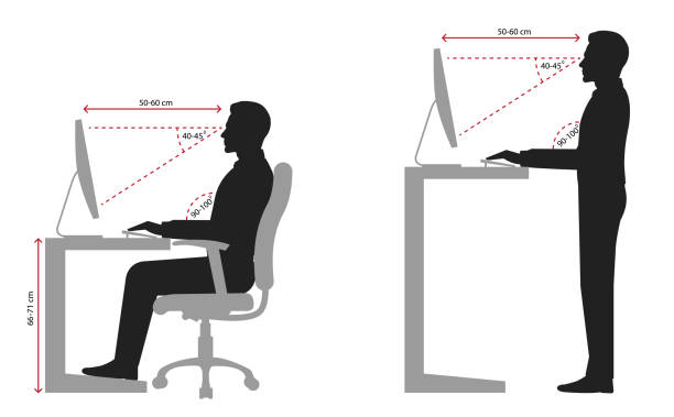 ergonomie am arbeitsplatz-silhouette - ergonomische tastatur stock-grafiken, -clipart, -cartoons und -symbole