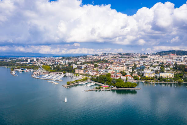 aerial view of ouchy waterfront in  lausanne, switzerland - geneva canton imagens e fotografias de stock