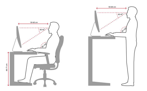 ergonomie am arbeitsplatz strichzeichnung - ergonomische tastatur stock-grafiken, -clipart, -cartoons und -symbole