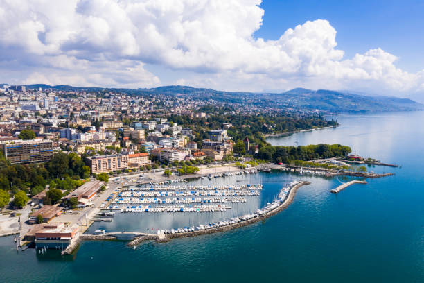 aerial view of ouchy waterfront in  lausanne, switzerland - geneva canton imagens e fotografias de stock