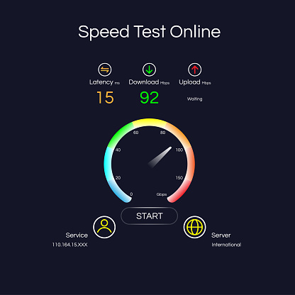 Internet connection speed test gauges on server locations and service providers