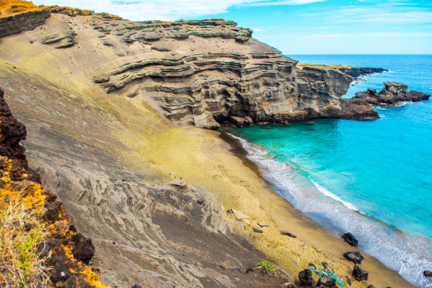 View of the beach Papakolea (green sand beach), Hawaii, USA. stock photo