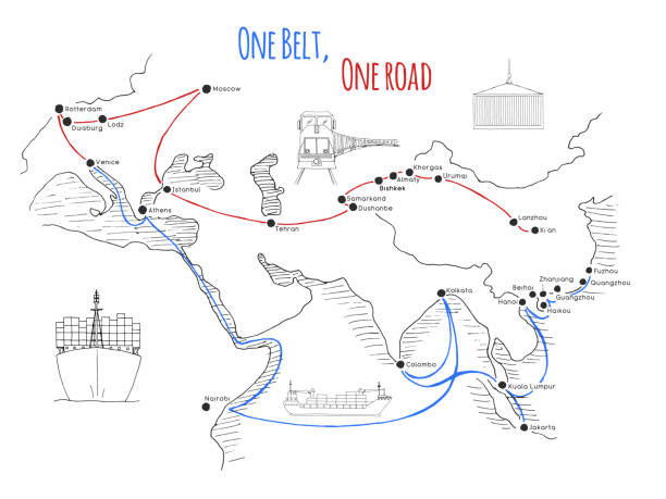 "one belt one road" neues seidenstraßen-konzept. konnektivität und zusammenarbeit zwischen eurasischen ländern des 21. jahrhunderts. vektorillustration. - belt stock-grafiken, -clipart, -cartoons und -symbole