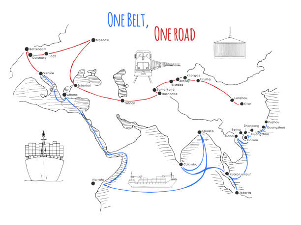 ilustraciones, imágenes clip art, dibujos animados e iconos de stock de nuevo concepto de ruta de la seda "una correa un camino". conectividad del siglo 21 y la cooperación entre países euroasiáticos. ilustración de vector. - belt