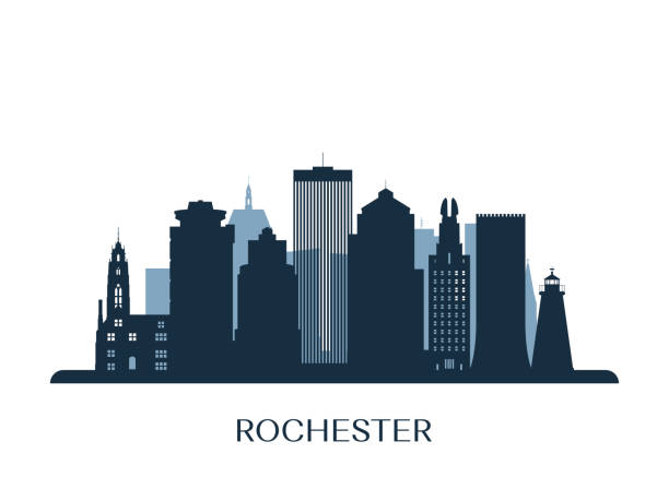 ilustraciones, imágenes clip art, dibujos animados e iconos de stock de horizonte de rochester, silueta monocromo. ilustración de vector. - rochester estado de nueva york